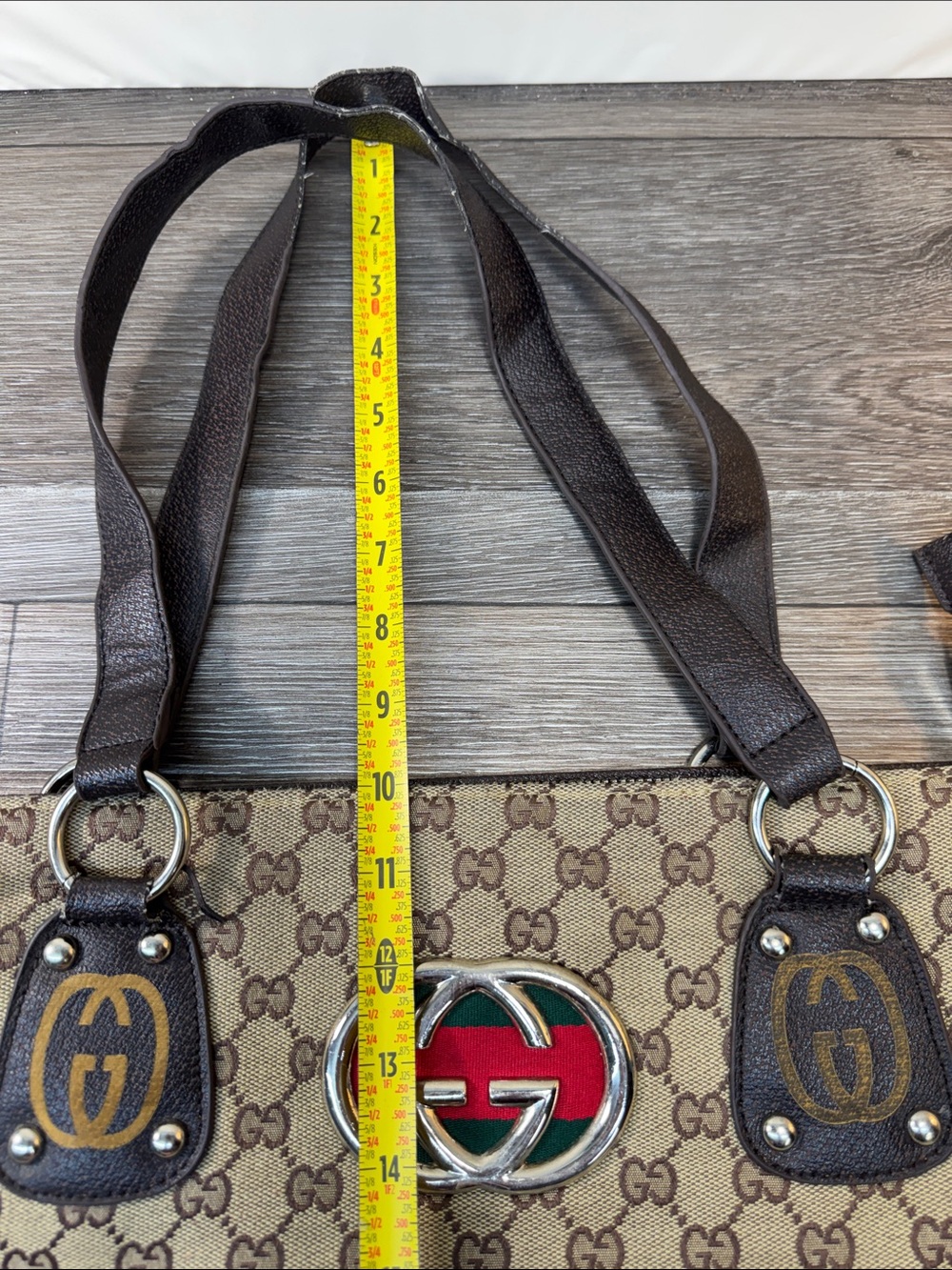 Beige Brown GG Canvas Tote with Red Green Emblem - Picture 7 of 10